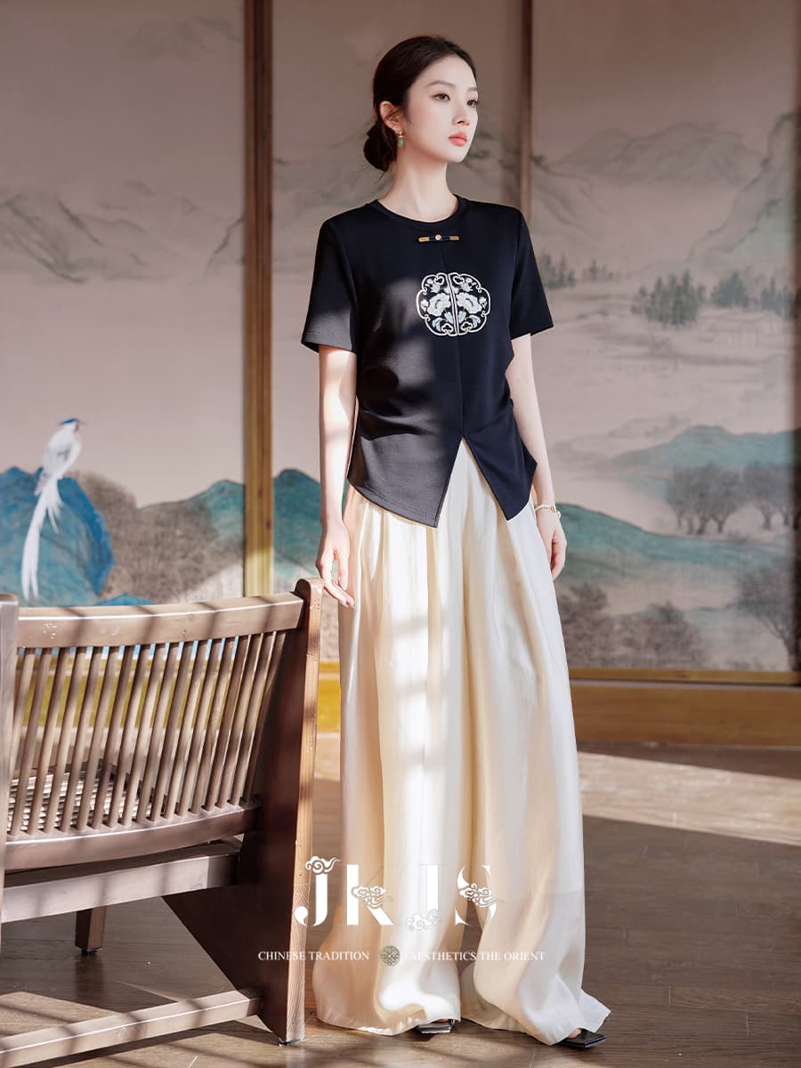 花丸刺繍アシンメトリー半袖カーディガン